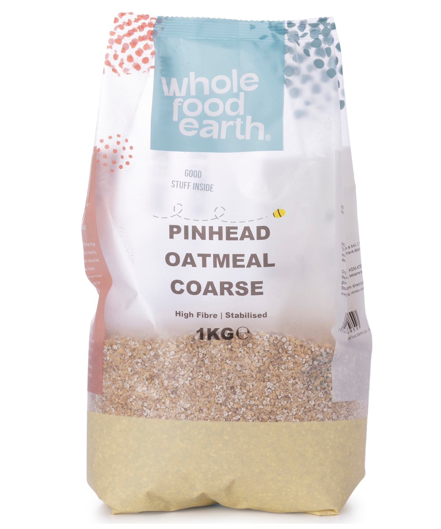 Whole Food Earth Pinhead Oatmeal Coarse Stabilized cereal in a 1kg package, showing the textured oats ready for cooking.