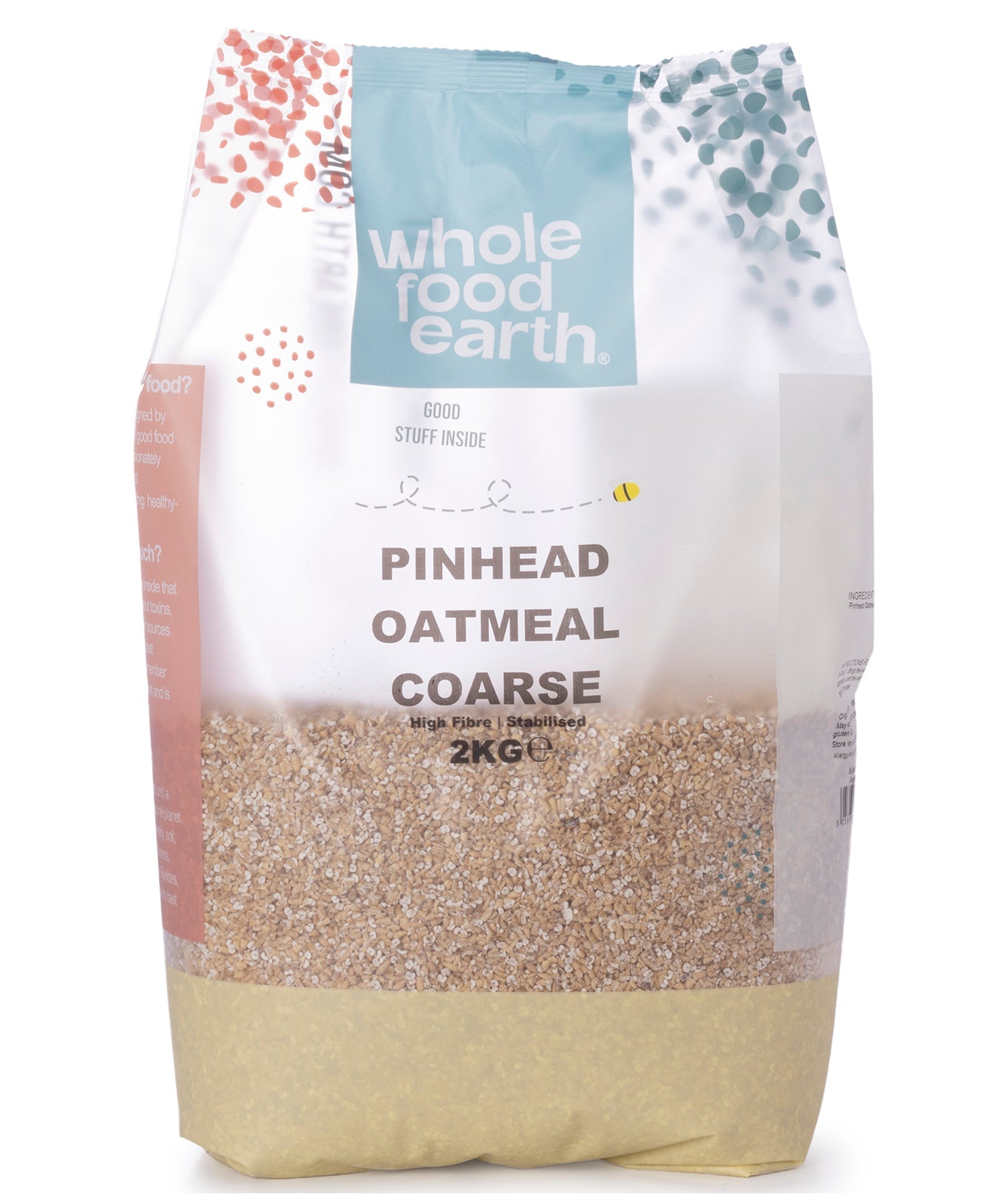 Whole Food Earth Pinhead Oatmeal Coarse Stabilised cereal in a 2kg package, showing the textured oat grains.