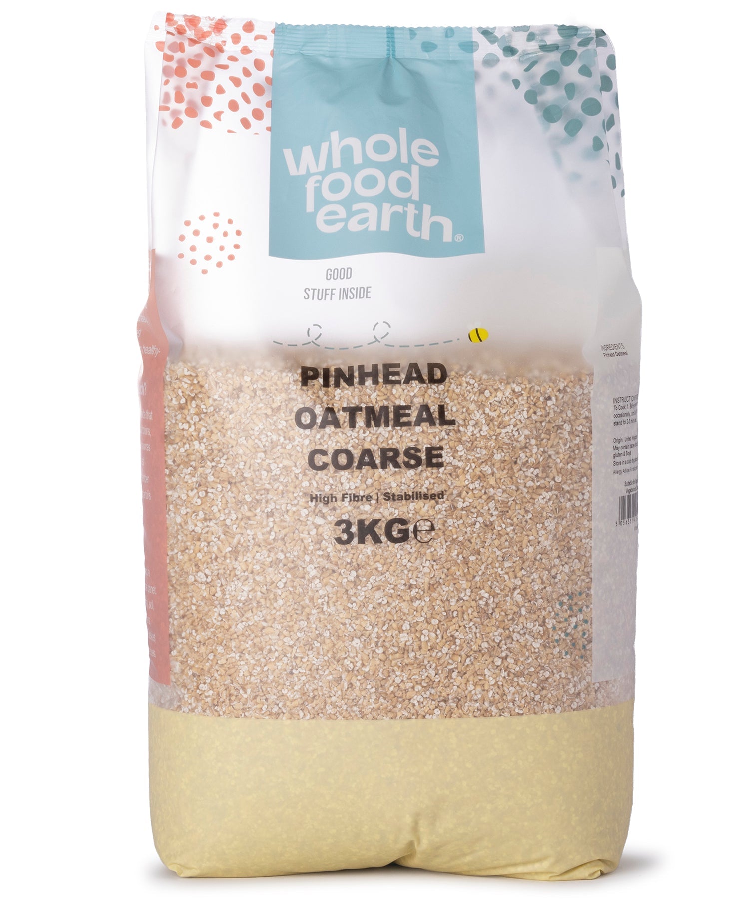 Coarse stabilized Pinhead Oatmeal cereal in a 3kg bag by Whole Food Earth, showing textured oats ready for cooking or baking.