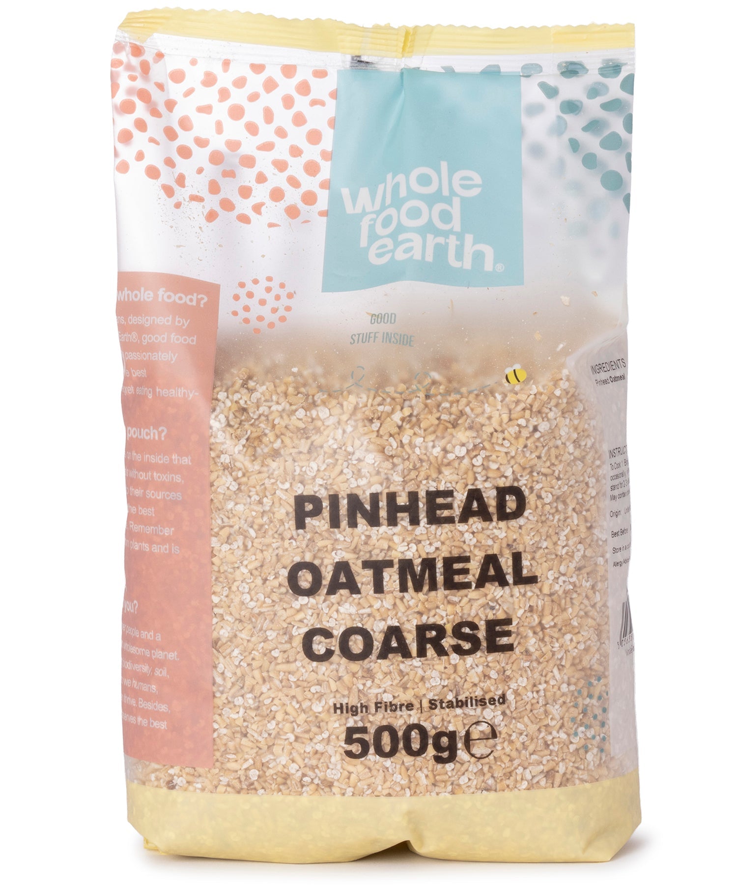 Coarse stabilized Pinhead Oatmeal cereal in a 500g package by Whole Food Earth, showing the textured oat grains.