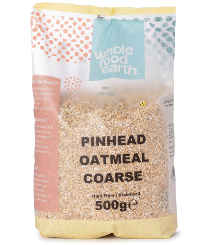 Coarse stabilized Pinhead Oatmeal cereal in a 500g package by Whole Food Earth, showing the textured oat grains.
