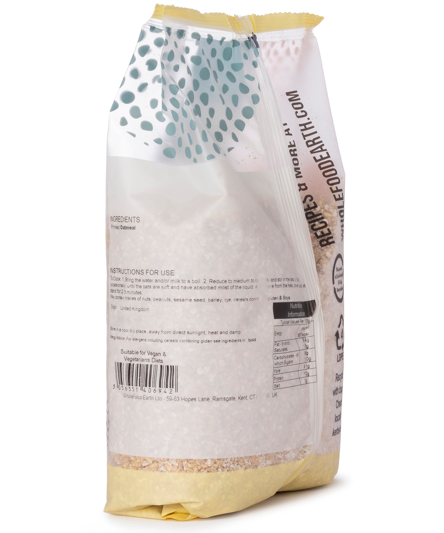 Coarse stabilized Pinhead Oatmeal cereal from Whole Food Earth in a 500g package, showing the textured oatmeal grains.