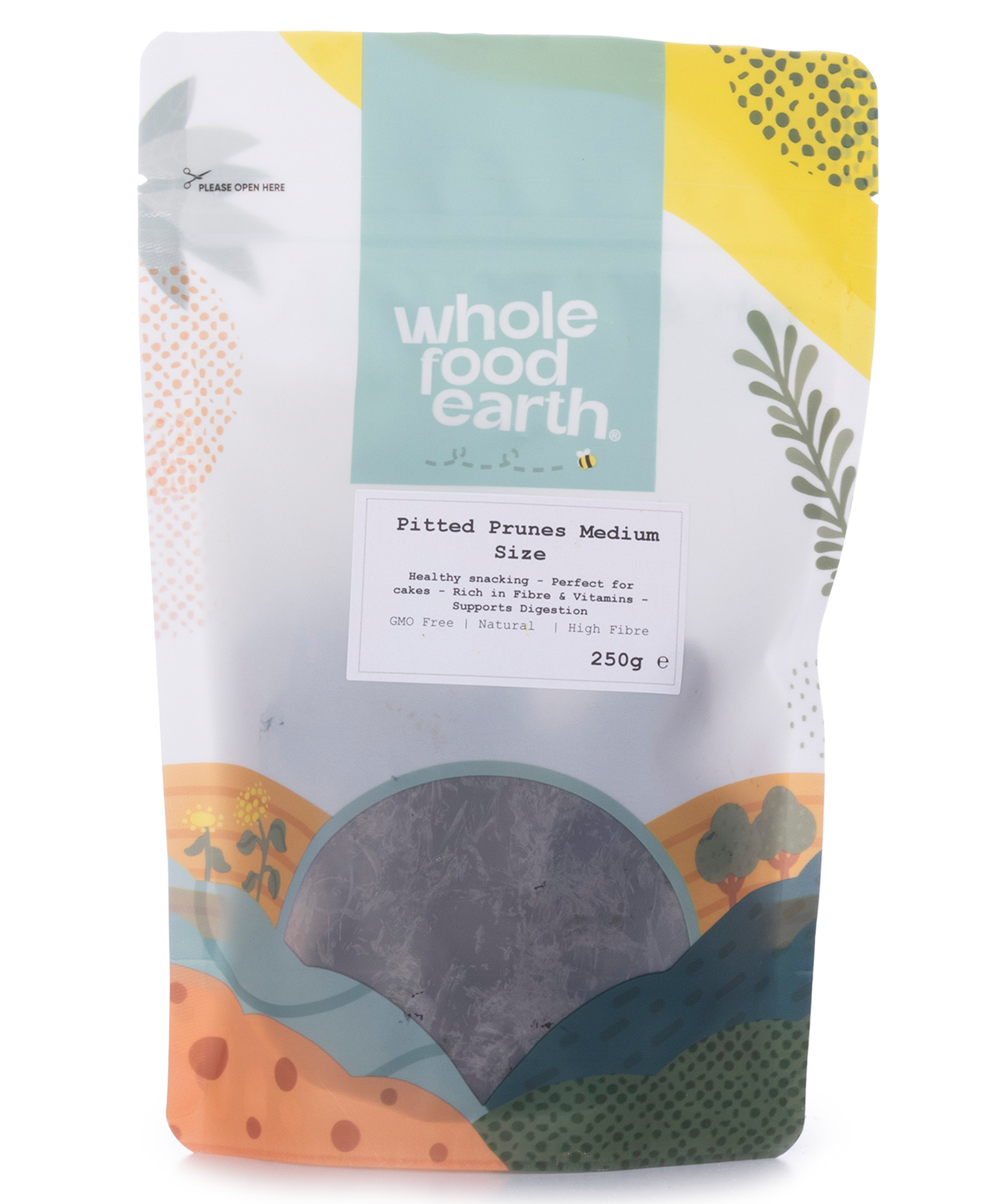 Medium-sized pitted prunes from Whole Food Earth, dried fruit with smooth, dark, and glossy appearance in a 250g package.