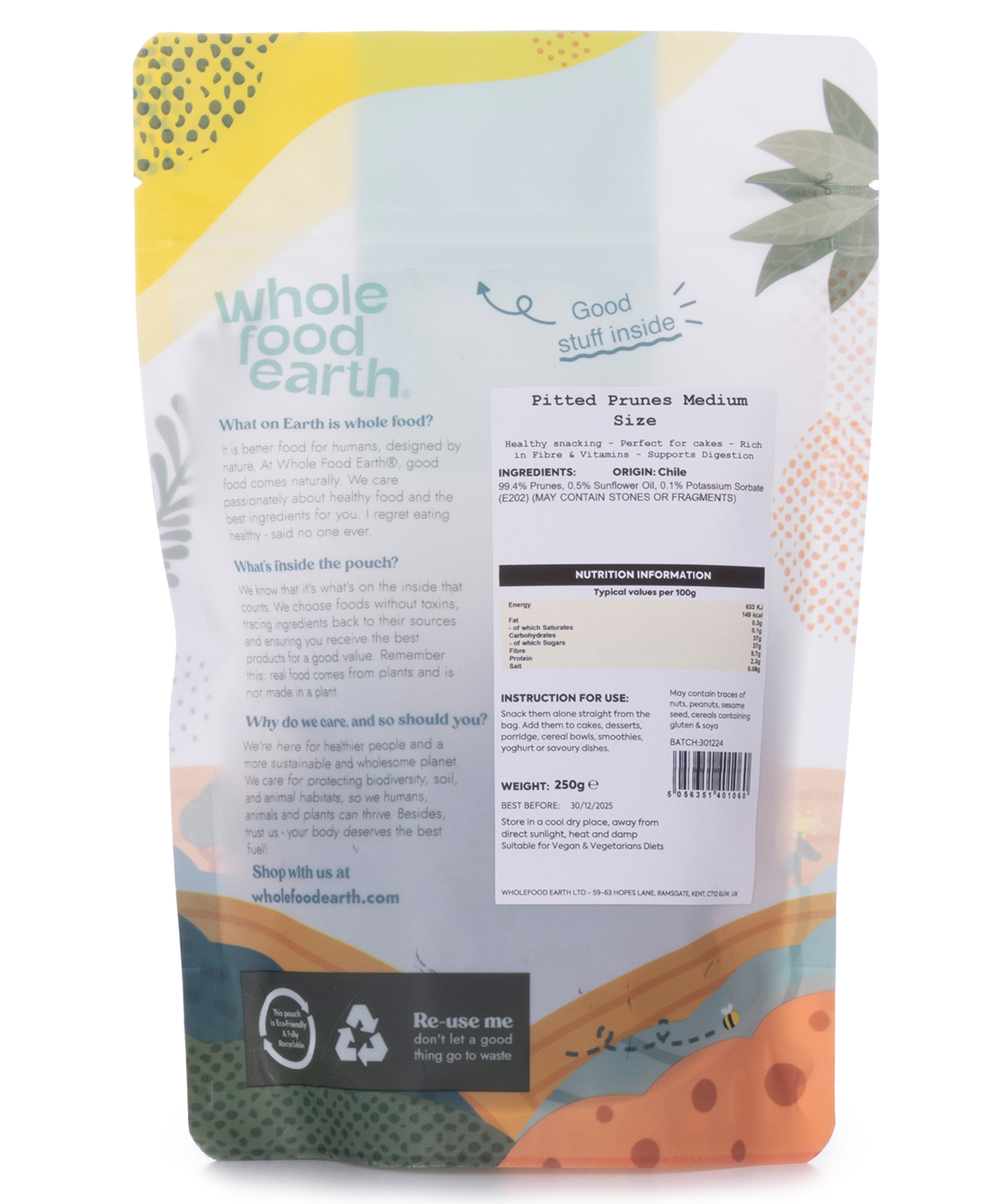 Medium-sized pitted prunes from Whole Food Earth, dried fruits with smooth, dark, and glossy appearance in a 250g package.