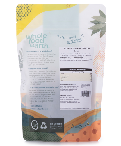 Medium-sized pitted prunes from Whole Food Earth, dried fruits with smooth, dark, and glossy appearance in a 250g package.