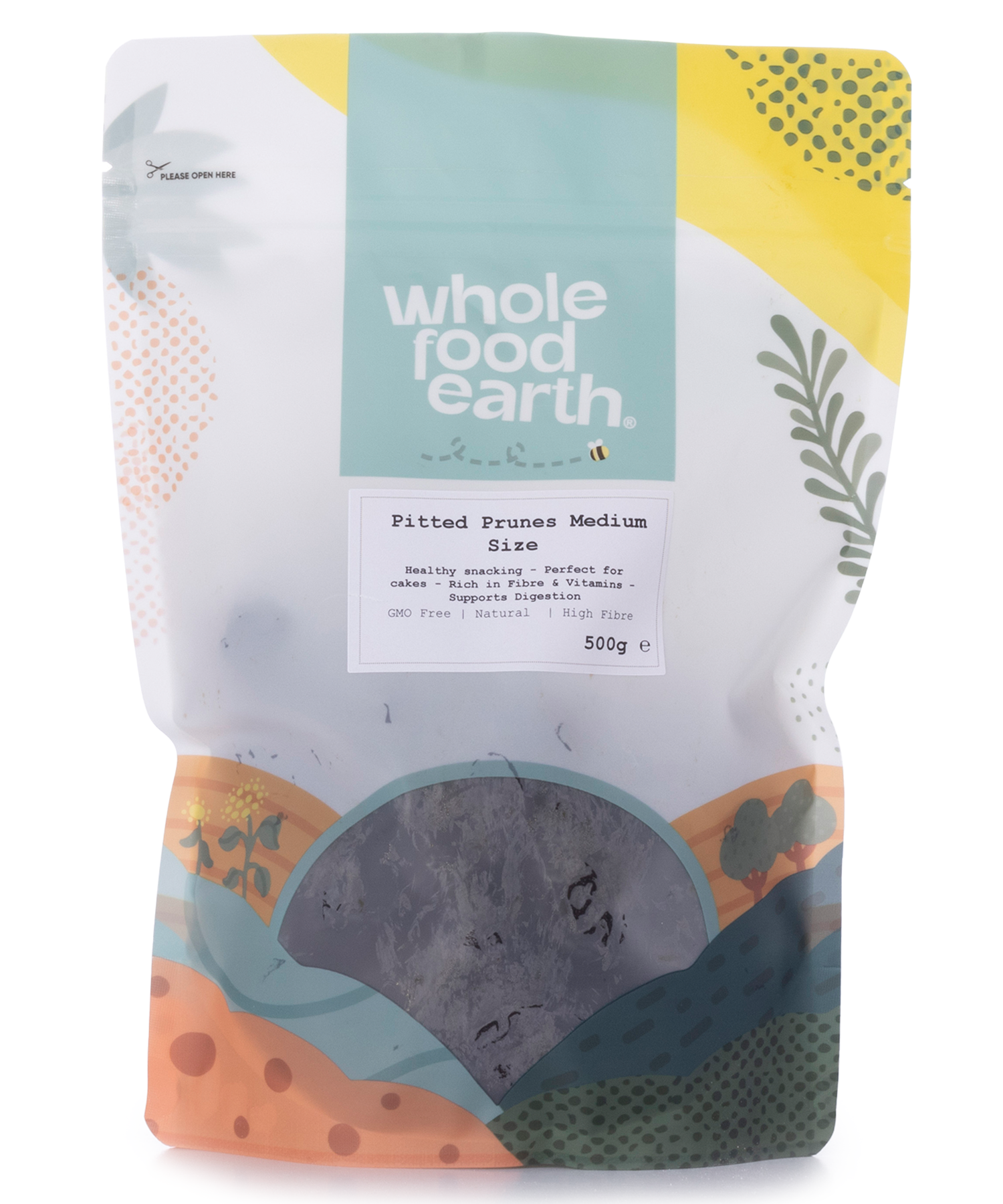Medium-sized pitted prunes from Whole Food Earth, dried fruits with smooth, dark appearance, perfect for snacking or baking.
