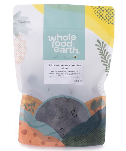 Medium-sized pitted prunes from Whole Food Earth, dried fruits with smooth, dark appearance, perfect for snacking or baking.