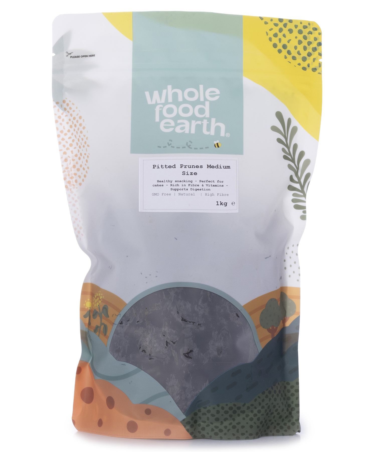 Medium-sized pitted prunes from Whole Food Earth, dried fruits with smooth, dark, and chewy texture in a 1kg package.