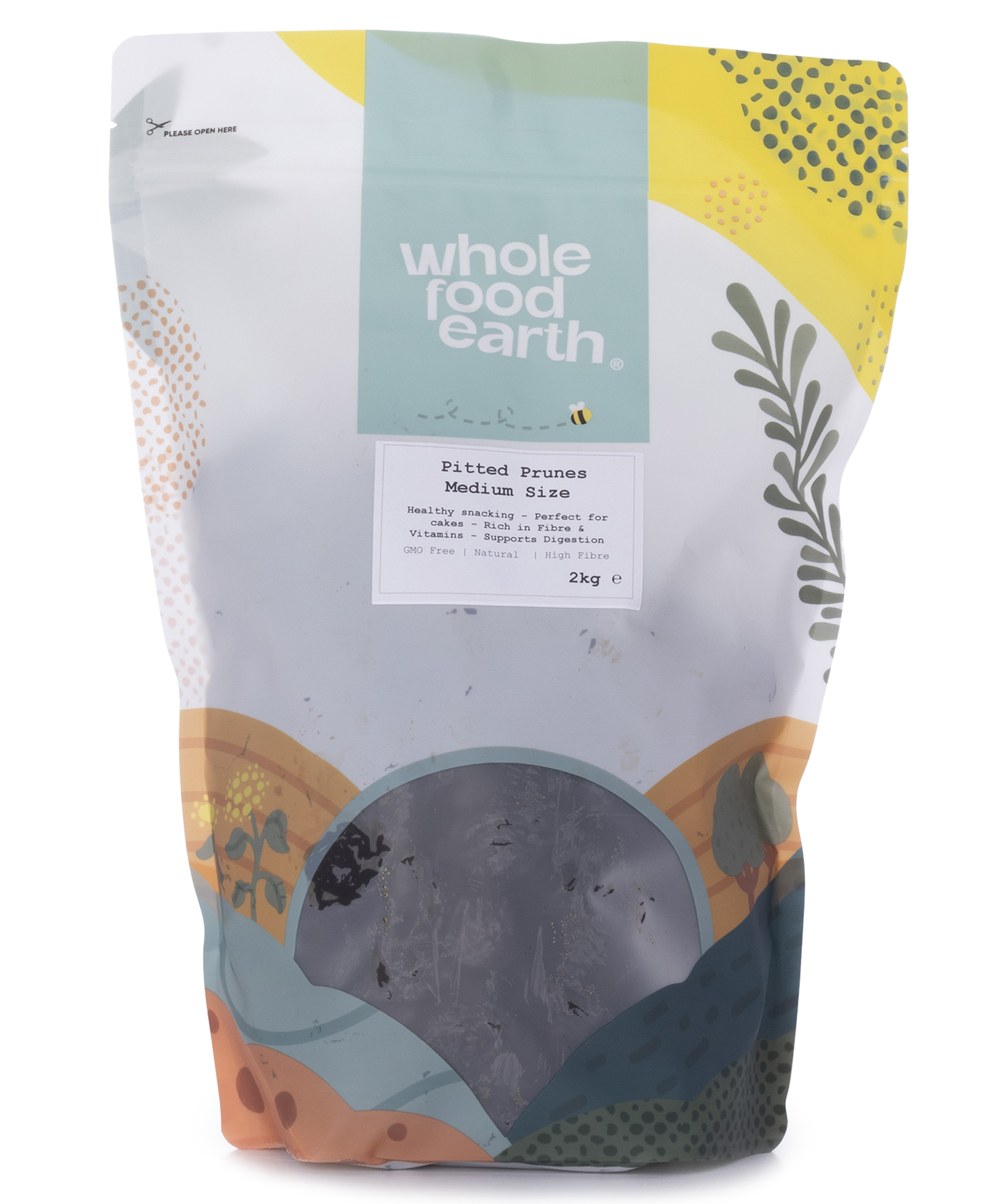 Medium-sized pitted prunes from Whole Food Earth, a dried fruit product, shown in a clear image highlighting their rich, dark color.
