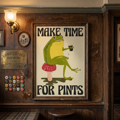 Artwork titled "Make Time For Pints" displayed on pub wall, featuring colorful design by Glassware UK.