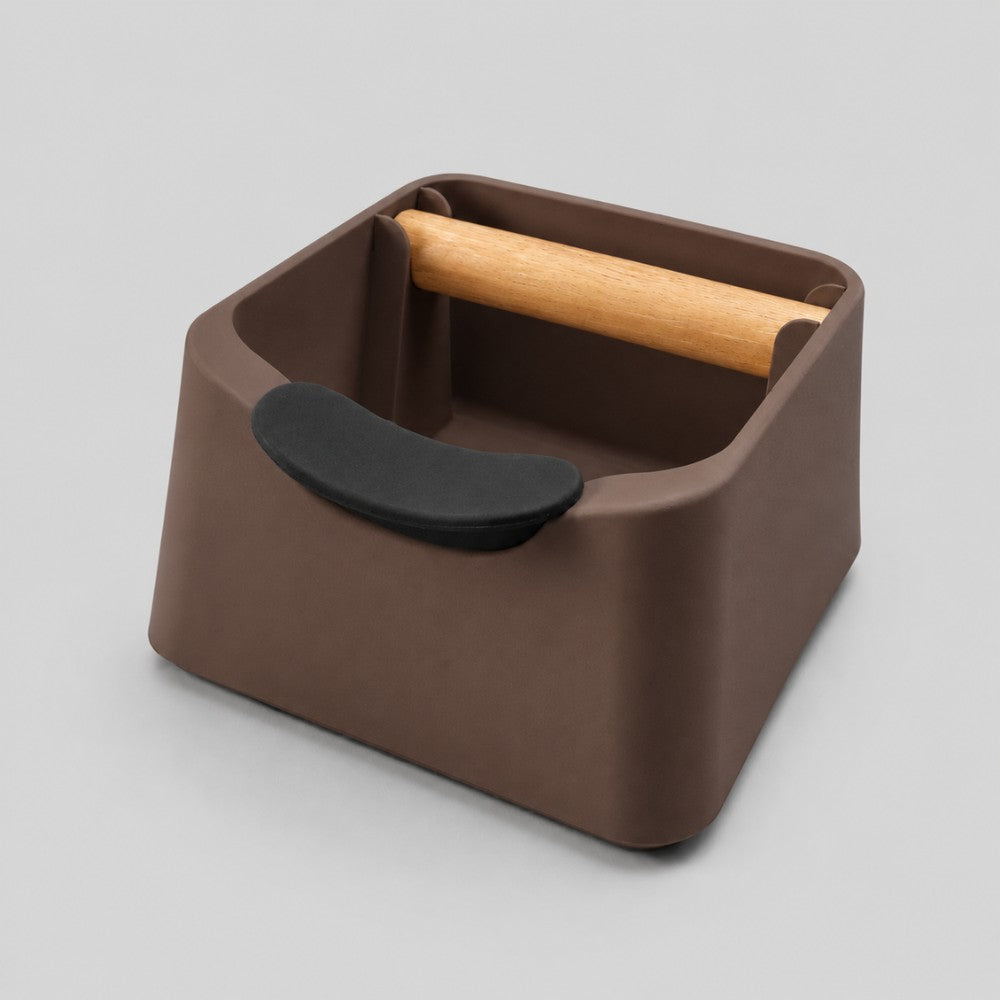 KNOCDIC® Coffee Knock Box in brown with a sturdy metal drum for easy coffee puck disposal and countertop coffee station.