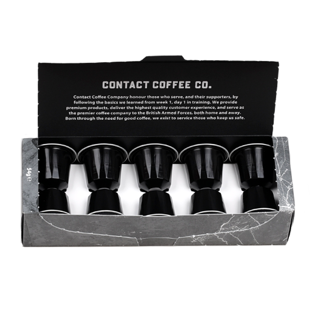 Aluminium Nespresso coffee pods from Contact Coffee Company Ltd., shown in a row with shiny silver packaging for premium coffee.