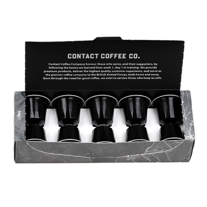 Aluminium Nespresso coffee pods from Contact Coffee Company Ltd., shown in a row with shiny silver packaging for premium coffee.