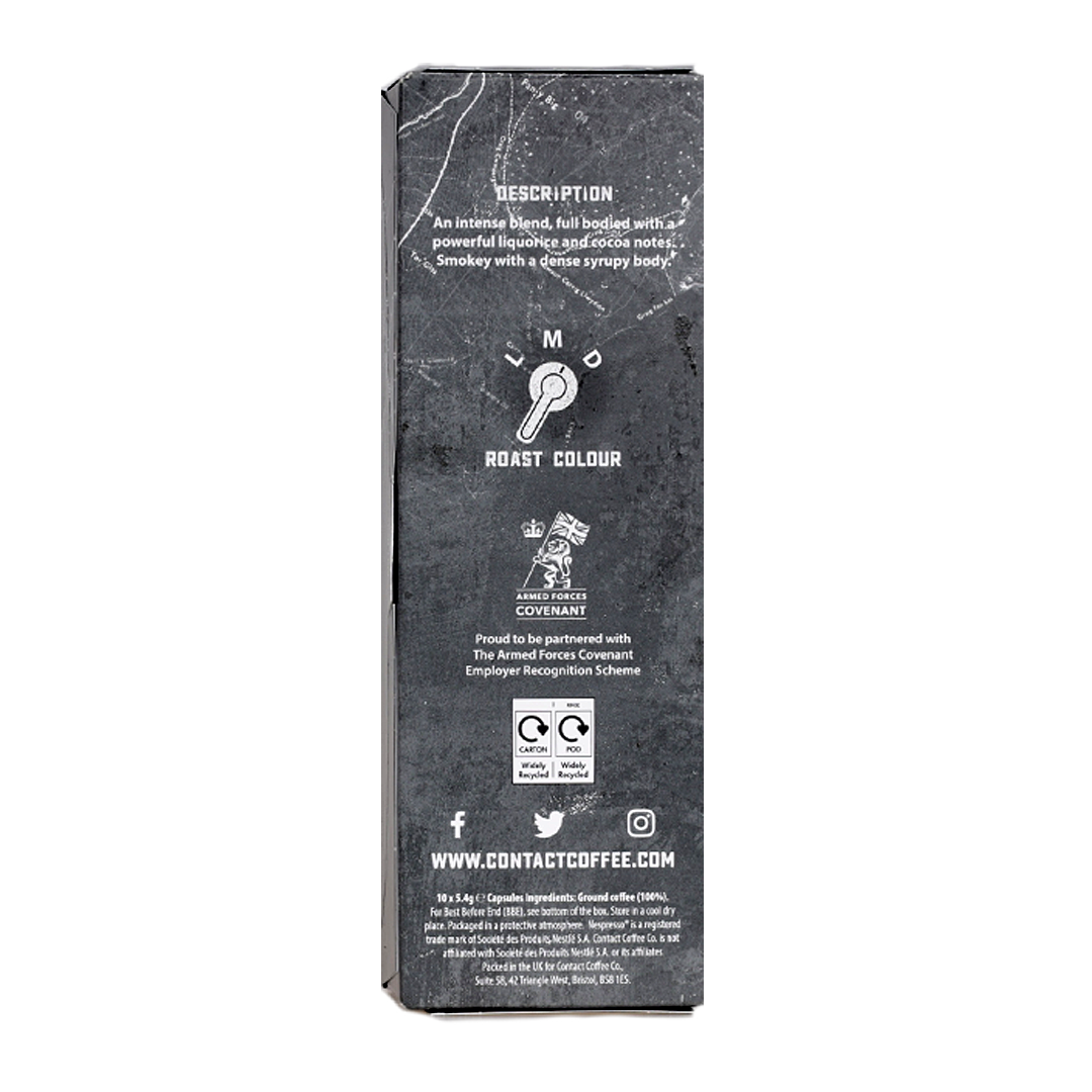 Aluminium Nespresso coffee pods from Contact Coffee Company Ltd. arranged in a row for single-serve coffee brewing.
