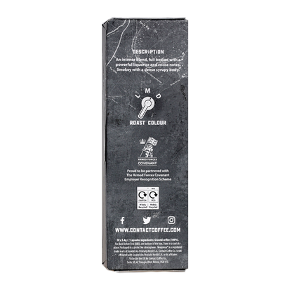 Aluminium Nespresso coffee pods from Contact Coffee Company Ltd. arranged in a row for single-serve coffee brewing.
