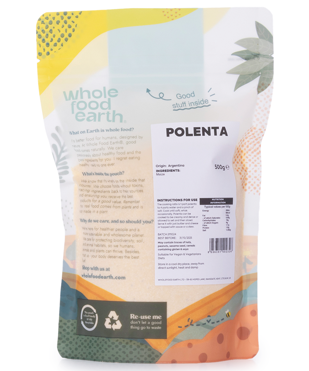 Whole Food Earth polenta flour in a 500g package, showing bright yellow textured cornmeal grain for cooking and baking.