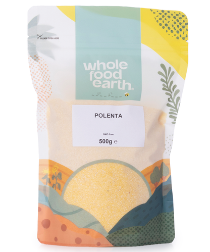 Whole Food Earth polenta flour in a 500g bag, showcasing bright yellow cornmeal grain for cooking and baking.