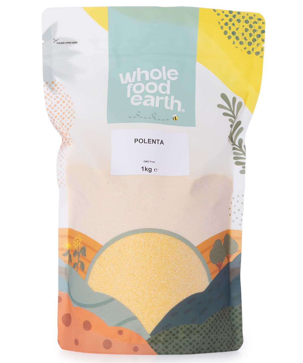 Whole Food Earth polenta flour in a 1kg bag, showcasing bright yellow cornmeal suitable for cooking and baking.