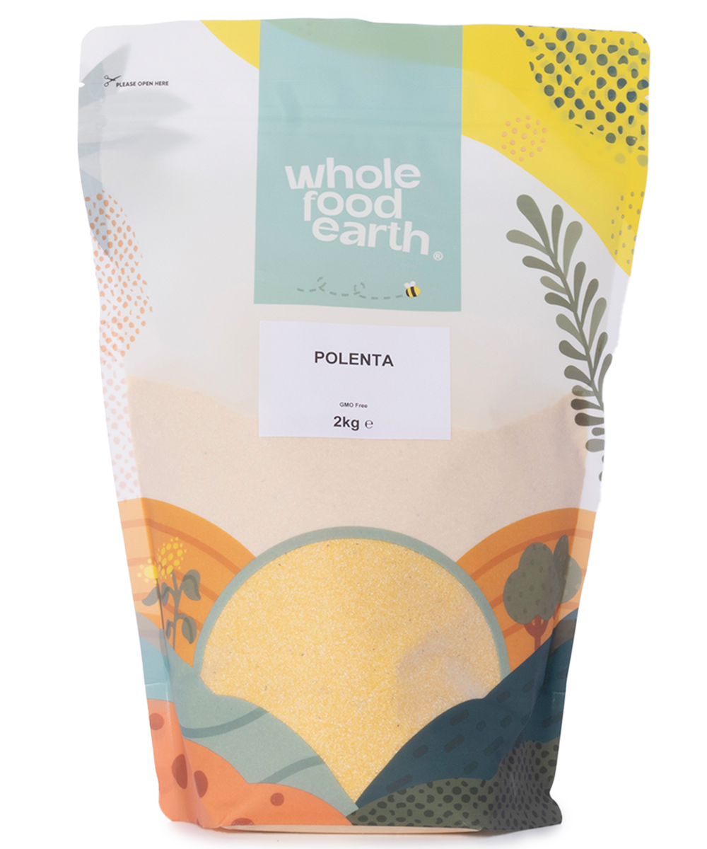 Whole Food Earth polenta in a 2kg bag, a natural yellow corn flour ideal for cooking and baking.