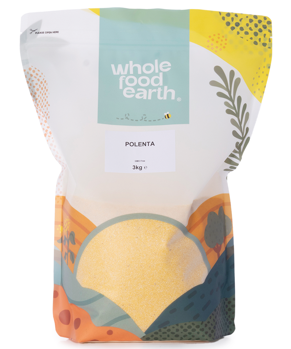 Whole Food Earth polenta in a 3kg bag, showing bright yellow cornmeal flour for cooking and baking.