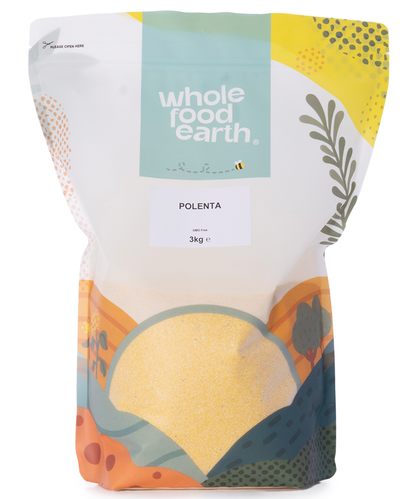 Whole Food Earth polenta in a 3kg bag, showing bright yellow cornmeal flour for cooking and baking.