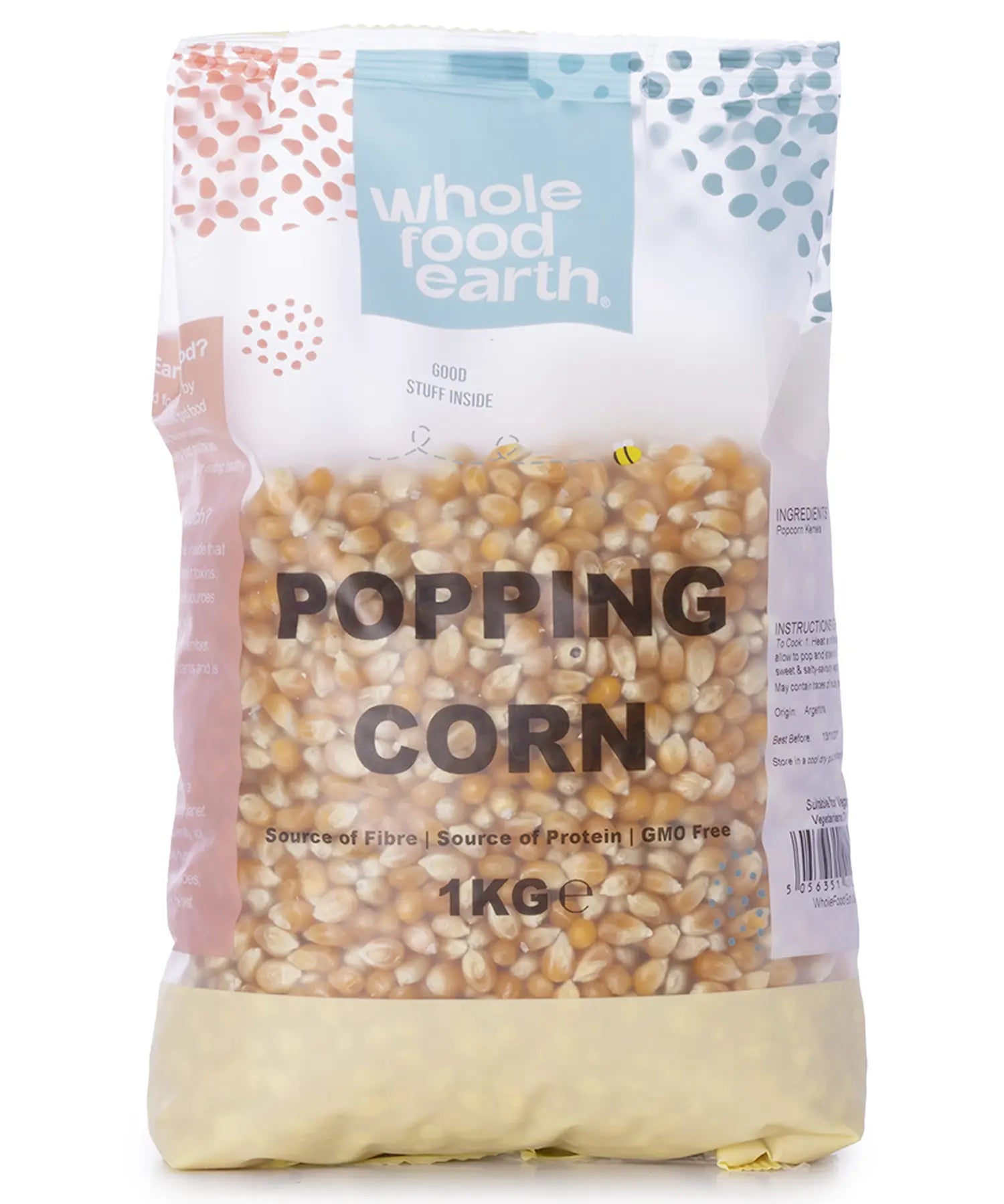 Whole Food Earth popping corn kernels, 1kg bag, natural flours and grains for making fresh popcorn at home