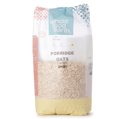 Whole Food Earth porridge oats in a 2kg package, showing the cereal grains suitable for making hot oatmeal or breakfast porridge.