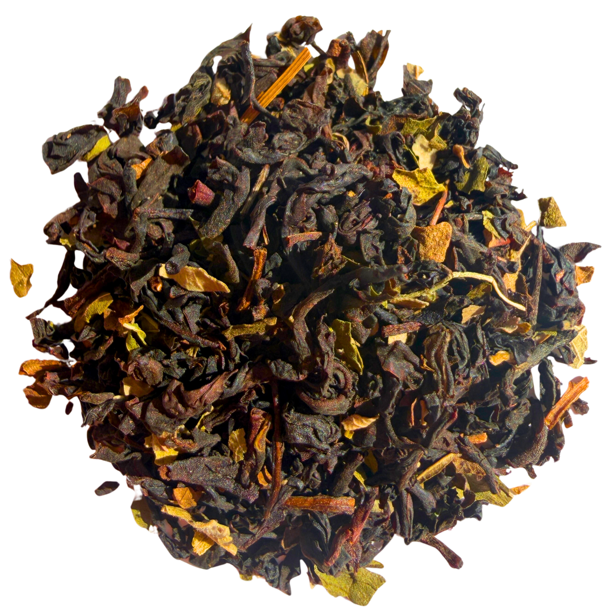 Loose leaf black tea with mint and chocolate chips from Porter Hill Tea Company, showcasing fresh tea leaves and chocolate pieces.