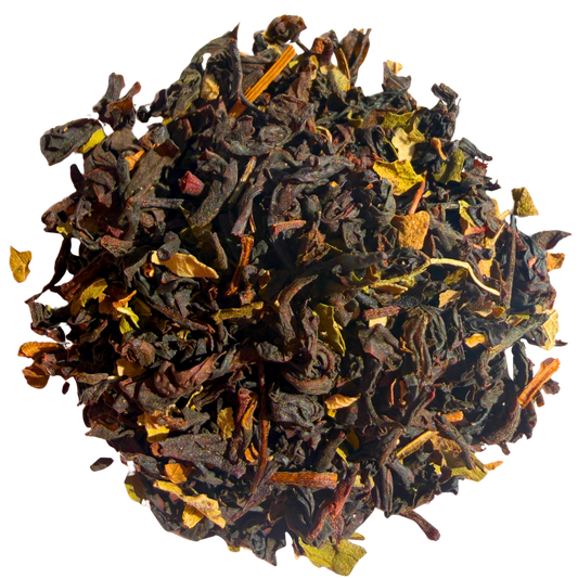 Loose leaf black tea with mint and chocolate chips from Porter Hill Tea Company, showcasing fresh tea leaves and chocolate pieces.