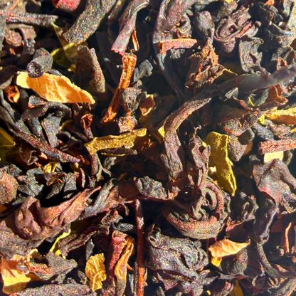 Loose leaf black tea with mint and chocolate chips from Porter Hill Tea Company, showcasing dark tea leaves mixed with mint and chocolate bits.
