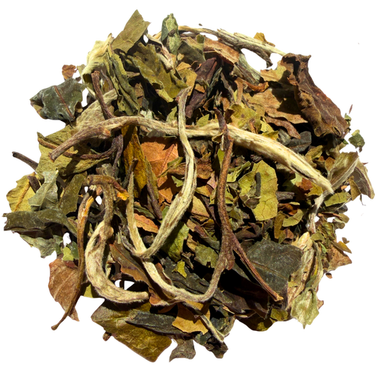 Loose Pai Mu Tan white tea leaves from Porter Hill Tea Company, showcasing natural white peony tea in clear packaging.