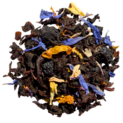 Loose leaf Blueberry Maple black tea from Porter Hill Tea Company, showing vibrant tea leaves with blueberry and maple flavor notes.