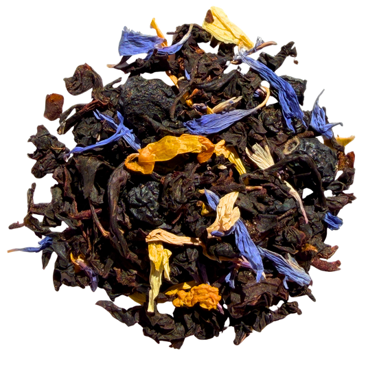 Loose leaf Blueberry Maple black tea from Porter Hill Tea Company, showing vibrant tea leaves with blueberry and maple flavor notes.