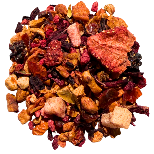 Loose leaf Fruit & Herbal tea called Fruit Full by Porter Hill Tea Company, showing vibrant colorful dried fruit and herbal ingredients.
