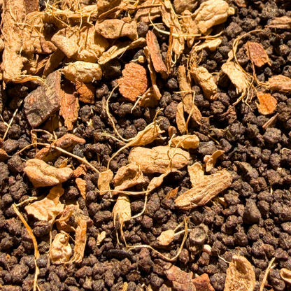 Loose leaf decaf Masala Chai black tea from Porter Hill Tea Company with aromatic spices and rich dark leaves.
