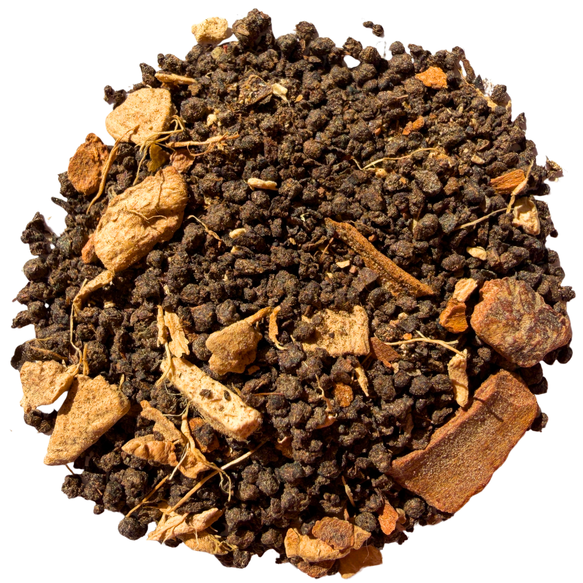 Loose leaf decaf Masala Chai black tea by Porter Hill Tea Company with aromatic spices and tea leaves in a natural presentation.