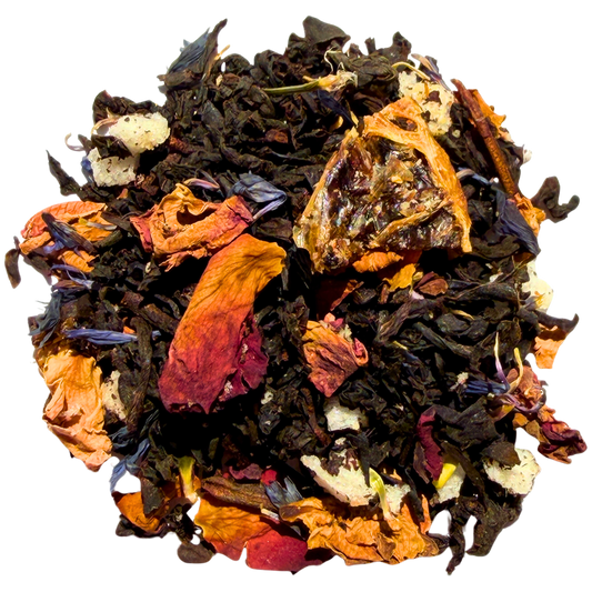 Loose leaf Pearl Grey black tea from Porter Hill Tea Company with lemon and Earl Grey flavors in a clear image.