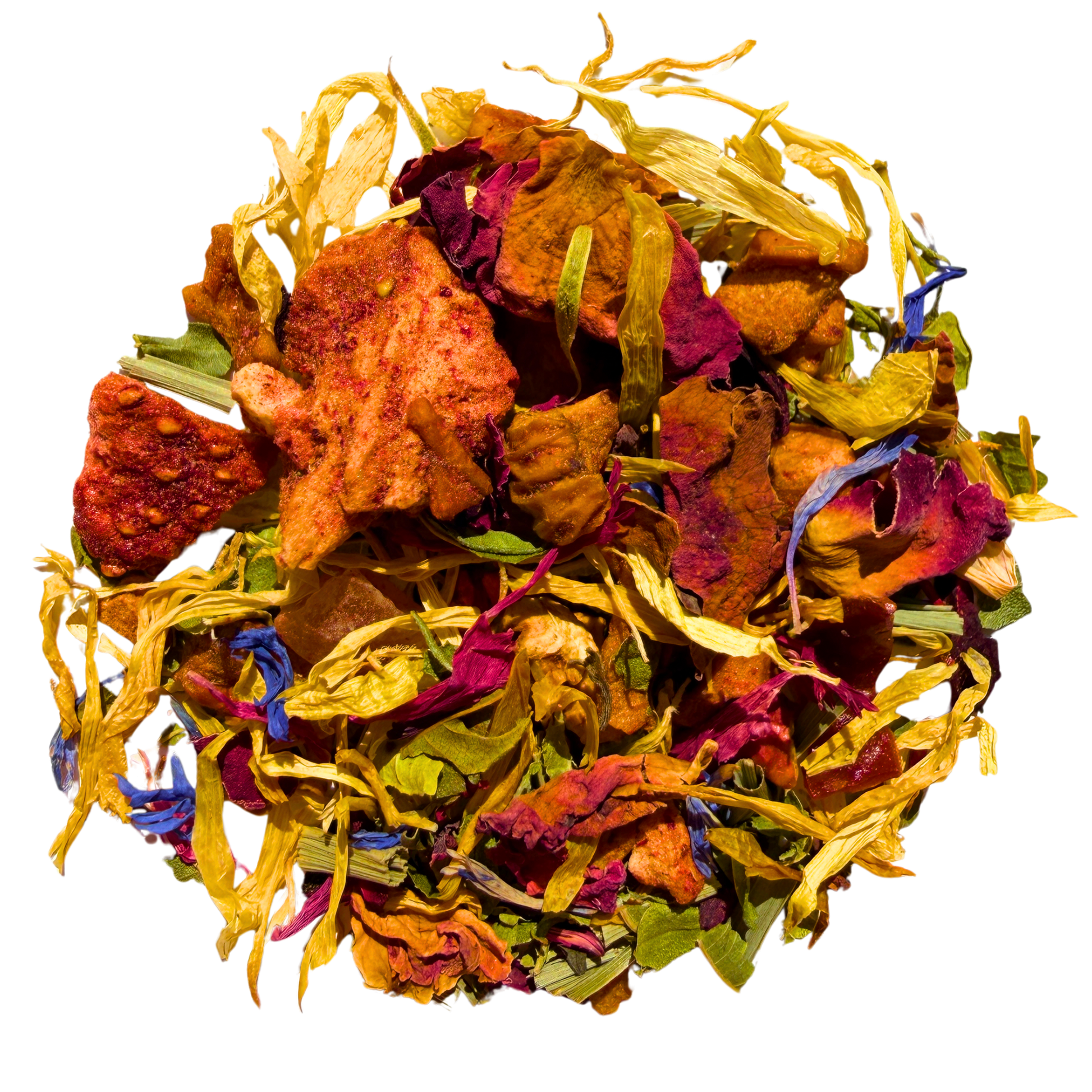 Loose leaf Rainbow Fruit & Herbal Tea from Porter Hill Tea Company with colorful dried fruit and herbal blend in a clear jar.