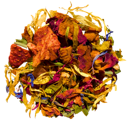 Loose leaf Rainbow Fruit & Herbal Tea from Porter Hill Tea Company with colorful dried fruit and herbal blend in a clear jar.