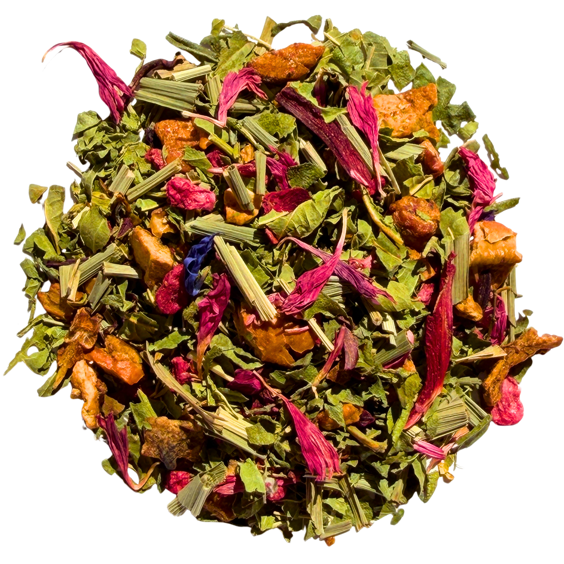 Loose leaf Raspberry Lemon Verbena herbal tea from Porter Hill Tea Company, showing fresh berries and lemon verbena leaves.