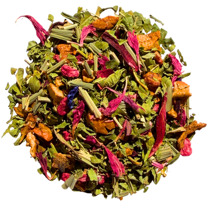 Loose leaf Raspberry Lemon Verbena herbal tea from Porter Hill Tea Company, showing fresh berries and lemon verbena leaves.