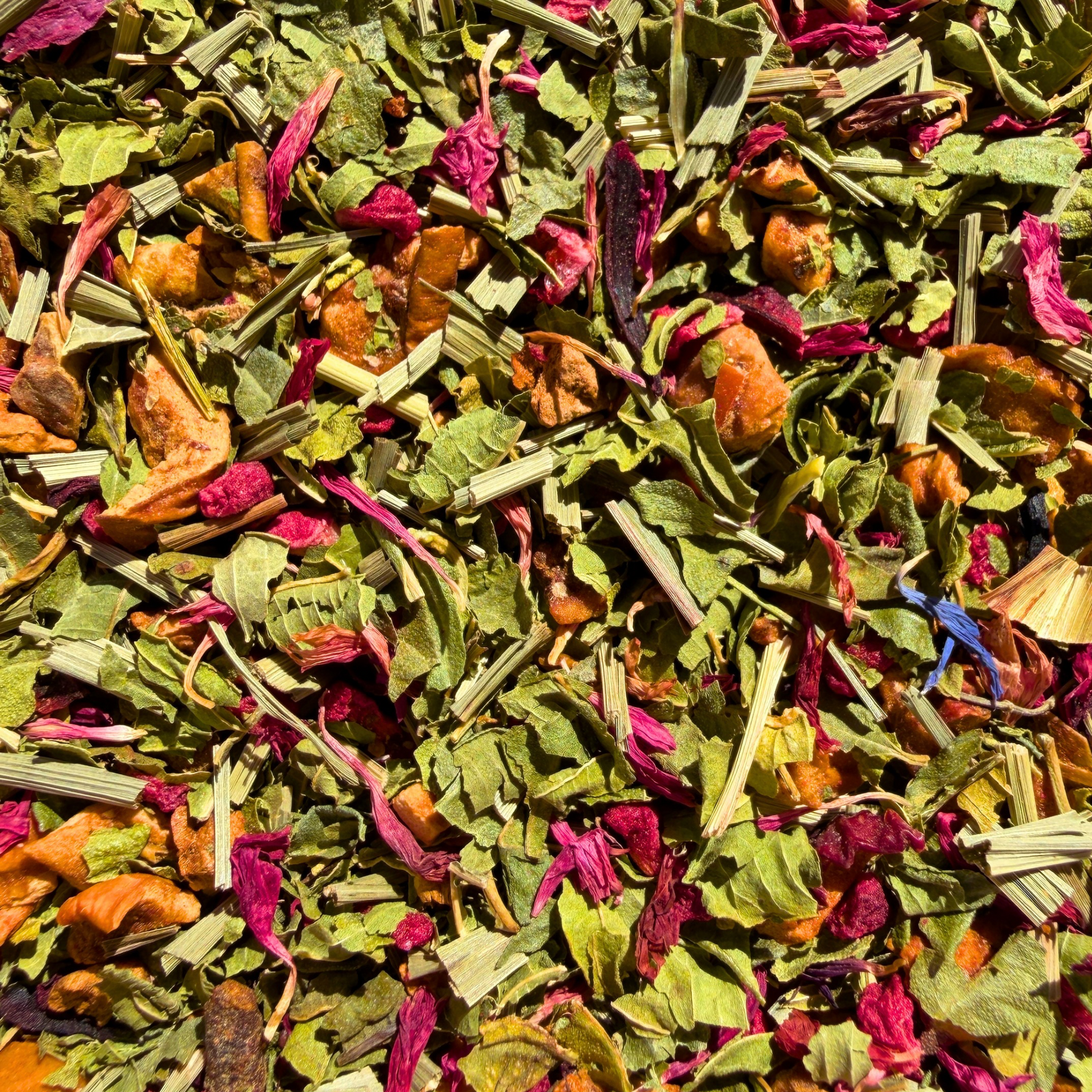 Loose leaf Raspberry Lemon Verbena herbal tea by Porter Hill Tea Company with vibrant red raspberry and lemon verbena leaves.