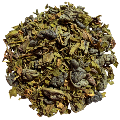 Loose leaf Mint Bazaar green tea by Porter Hill Tea Company, fresh mint leaves in vibrant green tea blend.