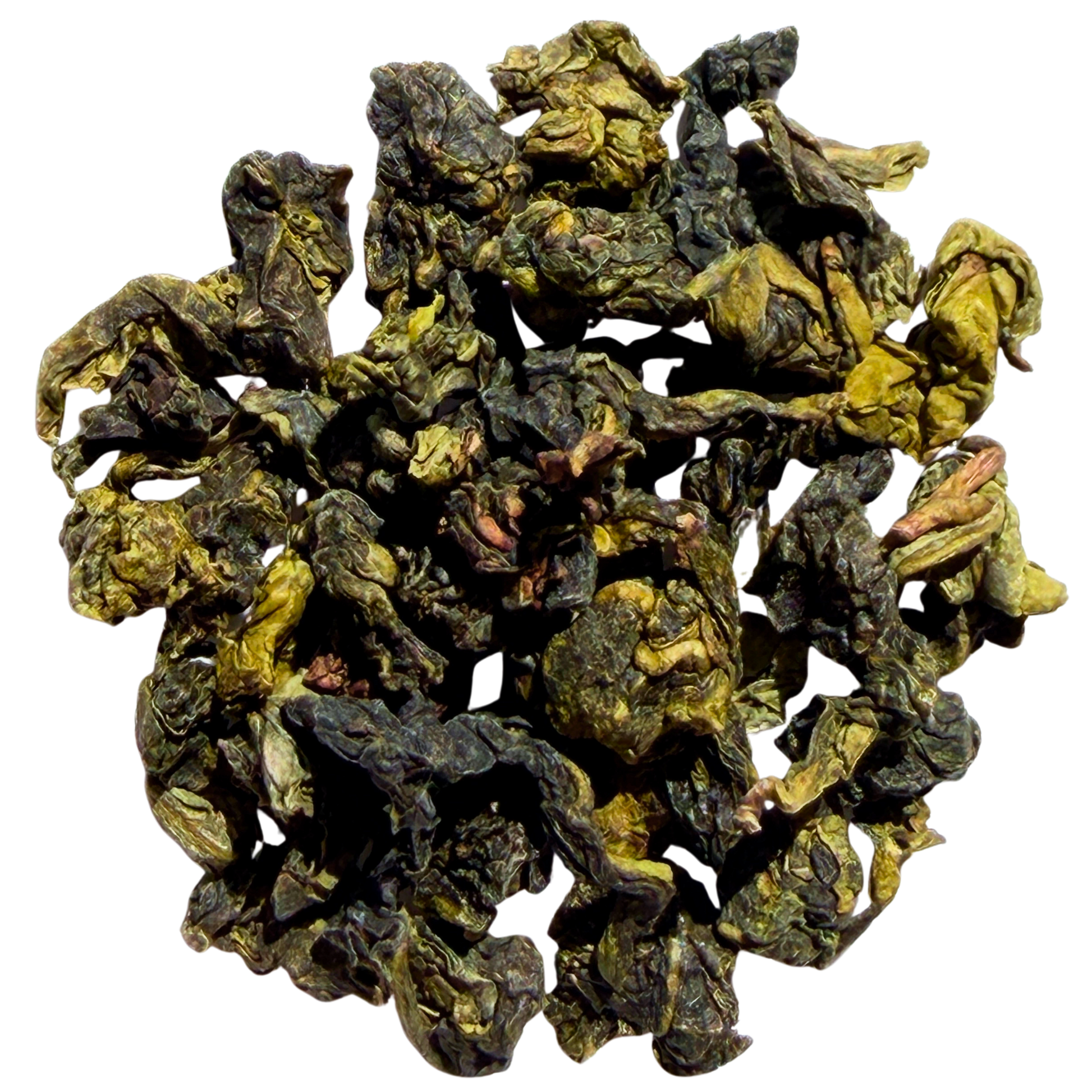 Loose leaf Shangri-La Iced Oolong tea by Porter Hill Tea Company, showcasing dark, twisted oolong tea leaves in a clear container.