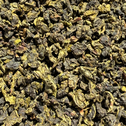 Loose leaf Shangri-La Iced Oolong tea by Porter Hill Tea Company, showcasing vibrant, twisted oolong tea leaves.