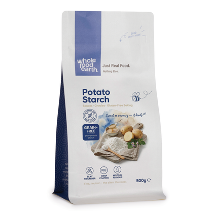 Whole Food Earth potato starch in a 500g bag, fine white flour for cooking and baking, from the Flours & Grains category.