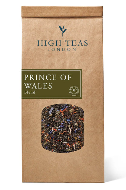 Loose leaf Prince of Wales tea by High Teas in a 250g package, showing dark tea leaves in a clear container.