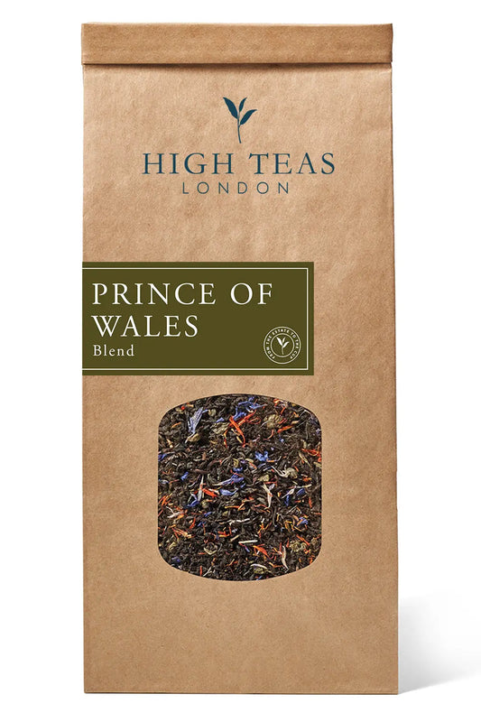 Loose leaf Prince of Wales tea by High Teas in a 250g package, showing dark tea leaves in a clear container.