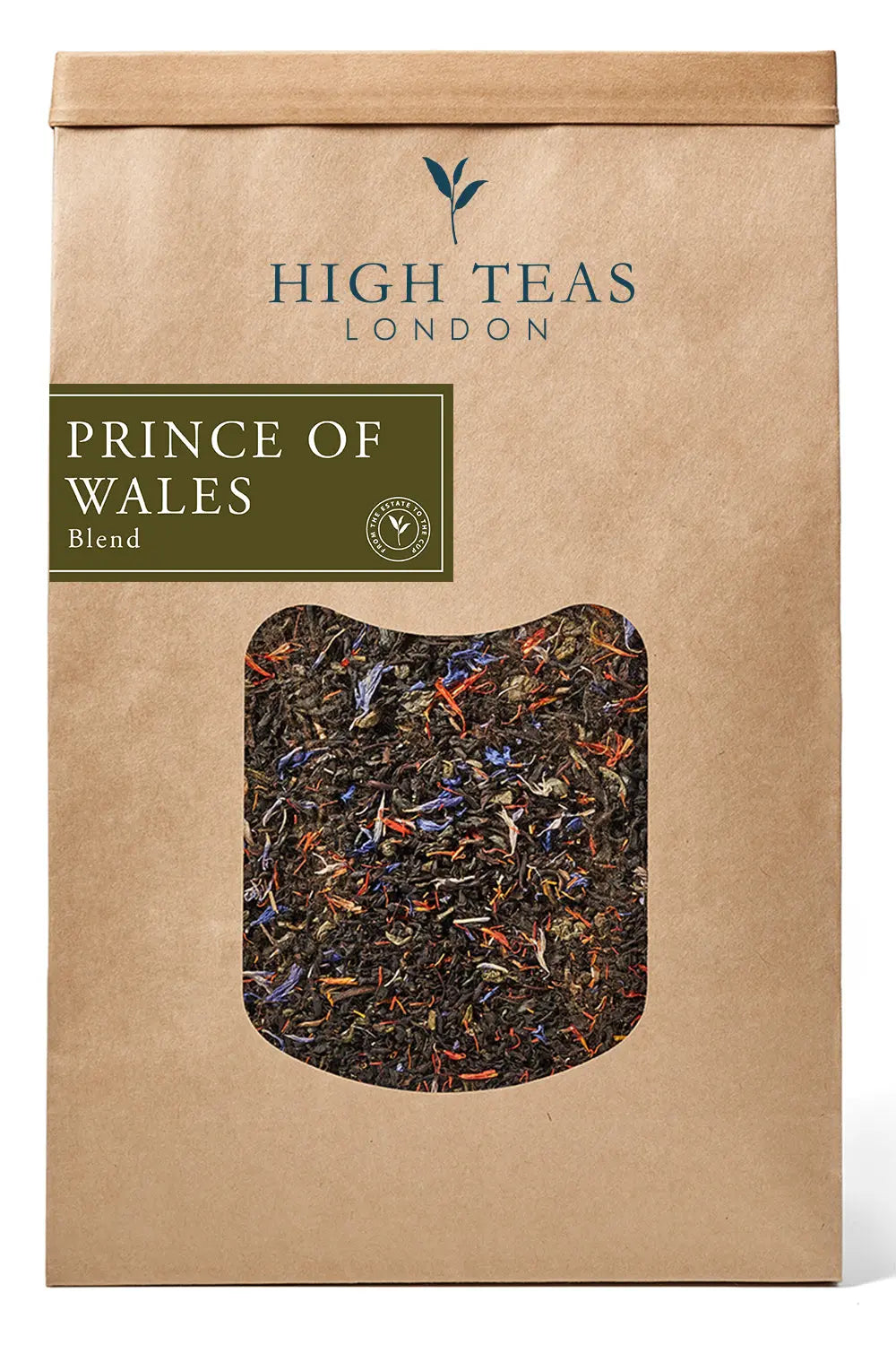 Loose leaf Prince of Wales tea by High Teas in a 500g package, showing the tea leaves in a clear view.