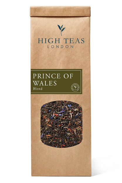 Loose leaf Prince of Wales tea by High Teas in a 50g package, showcasing dark tea leaves and traditional packaging.